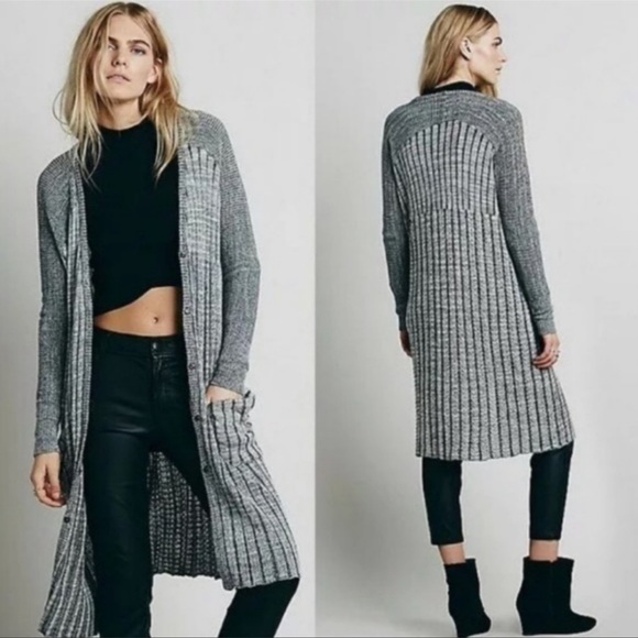Free People Sweaters - Free People Gray Show Stripe Pocket Knit Cardigan Duster Sz XSmall